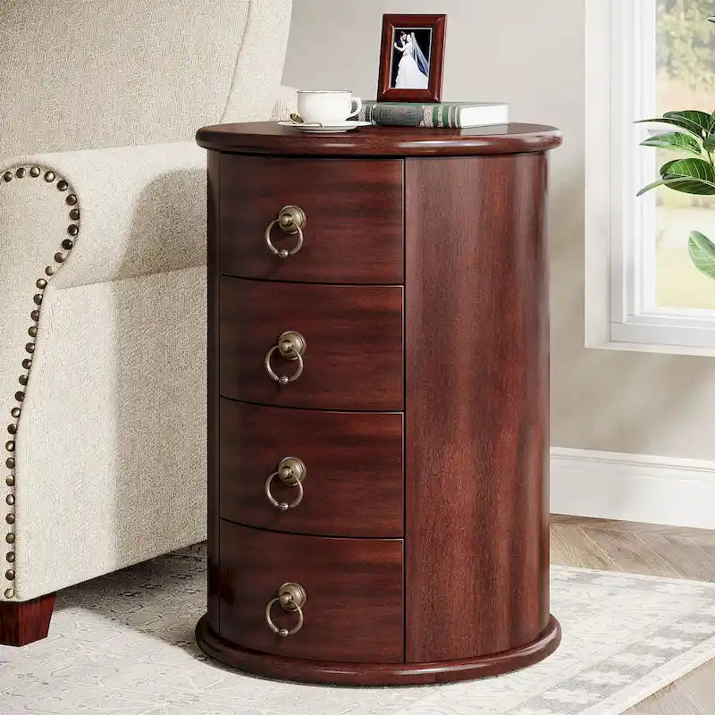 Round Solid Wood End Table with 4 Drawers, No Assembly Required
