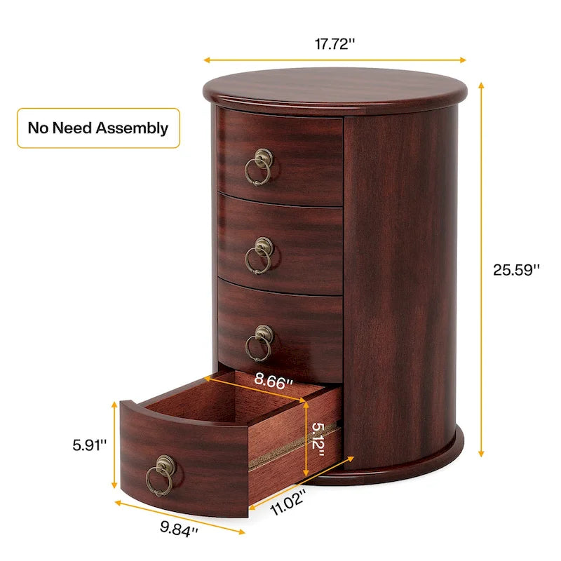 Round Solid Wood End Table with 4 Drawers, No Assembly Required
