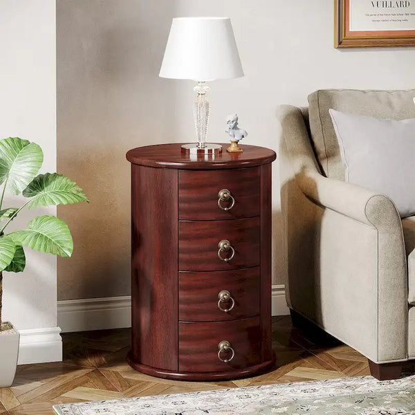Round Solid Wood End Table with 4 Drawers, No Assembly Required