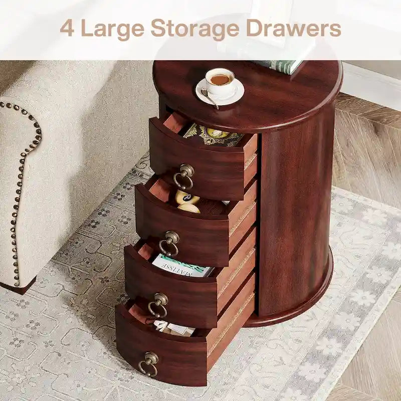 Round Solid Wood End Table with 4 Drawers, No Assembly Required