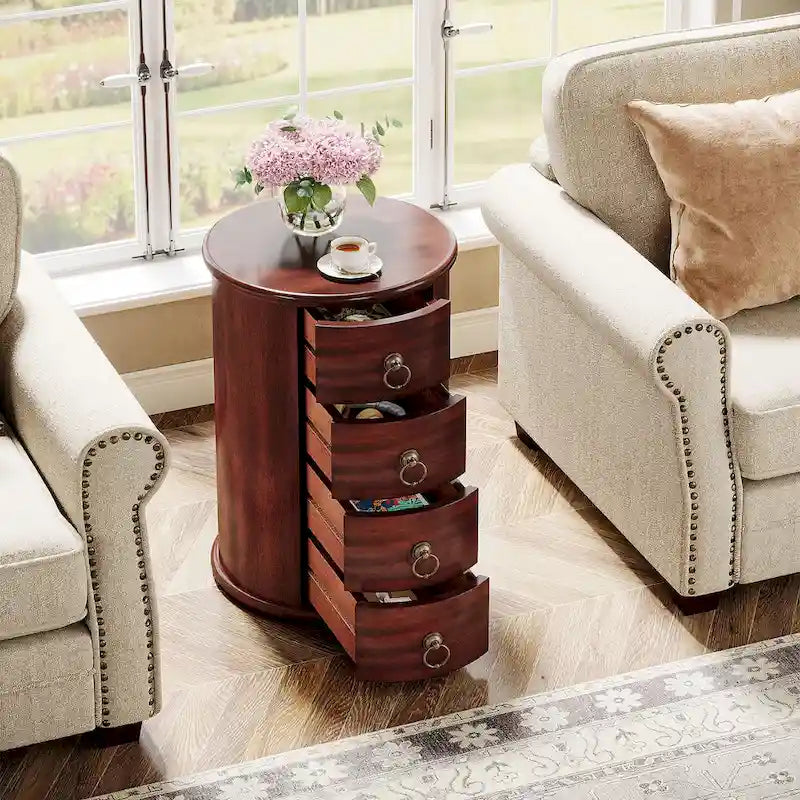 Round Solid Wood End Table with 4 Drawers, No Assembly Required