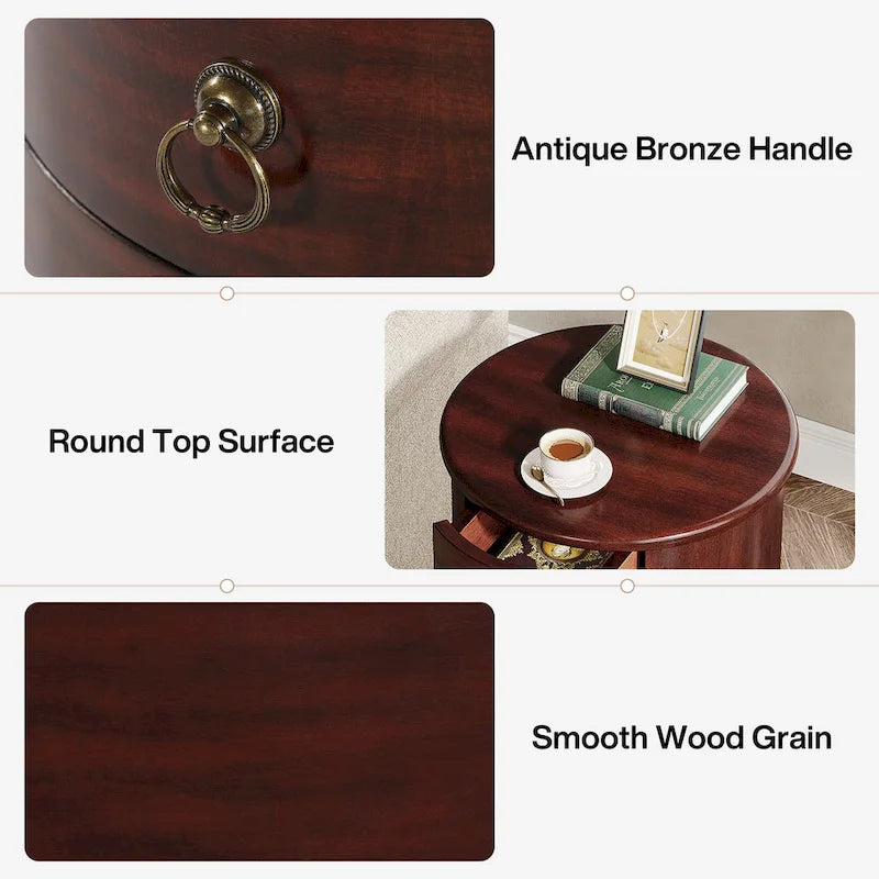 Round Solid Wood End Table with 4 Drawers, No Assembly Required
