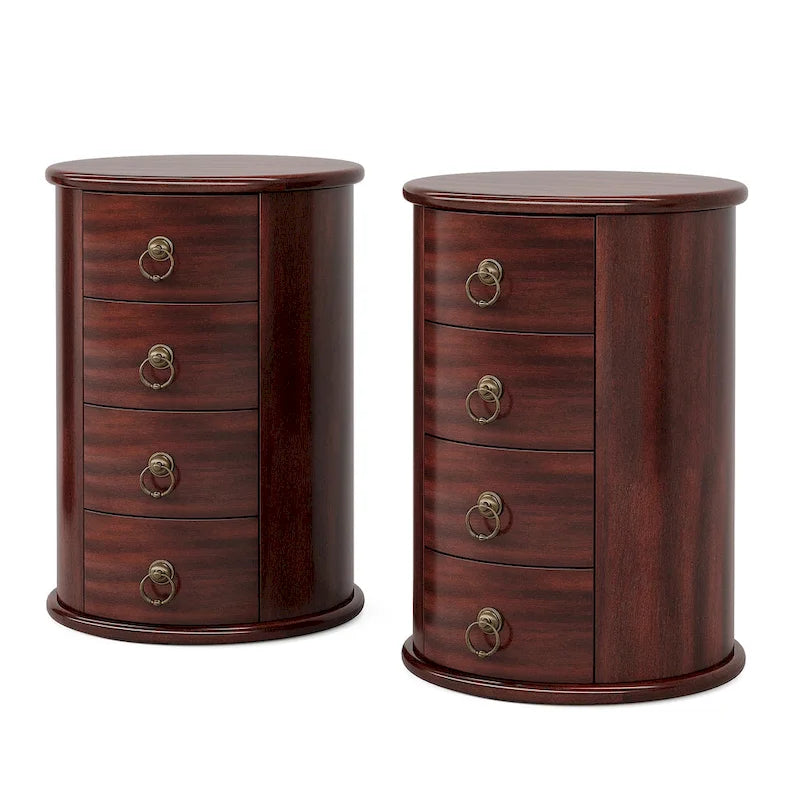 Round Solid Wood End Table with 4 Drawers, No Assembly Required