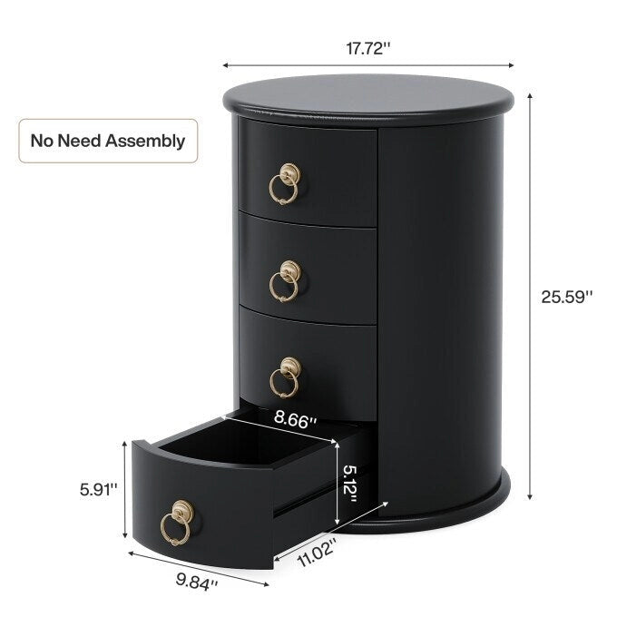 Round Solid Wood End Table with 4 Drawers, No Assembly Required