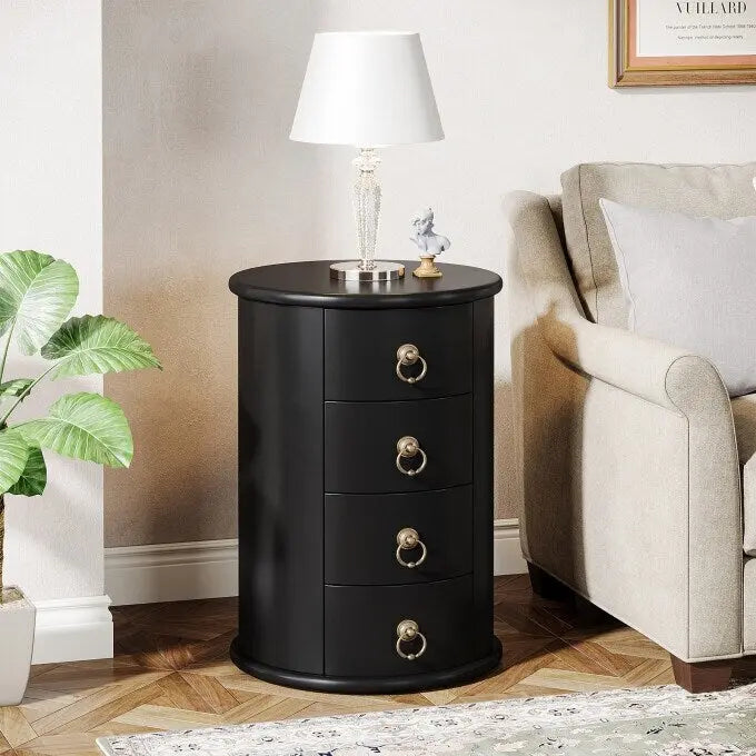 Round Solid Wood End Table with 4 Drawers, No Assembly Required