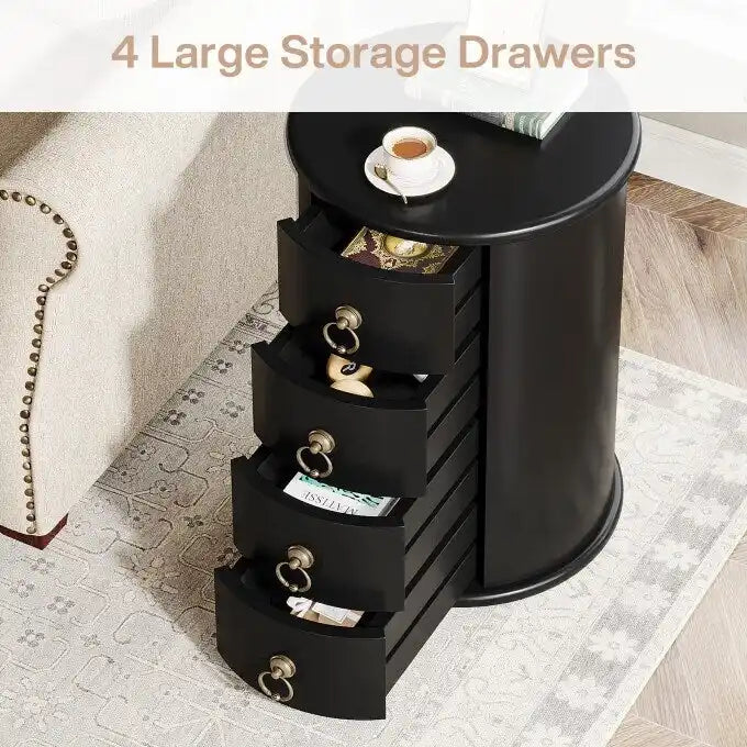 Round Solid Wood End Table with 4 Drawers, No Assembly Required
