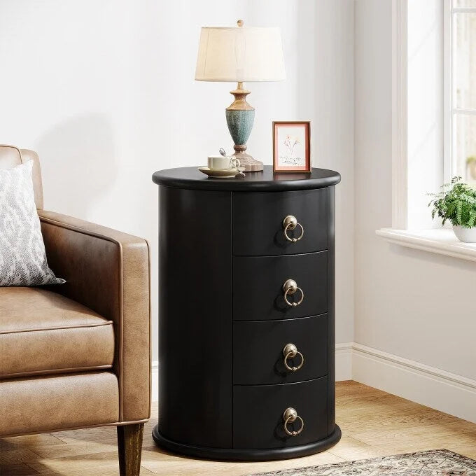 Round Solid Wood End Table with 4 Drawers, No Assembly Required