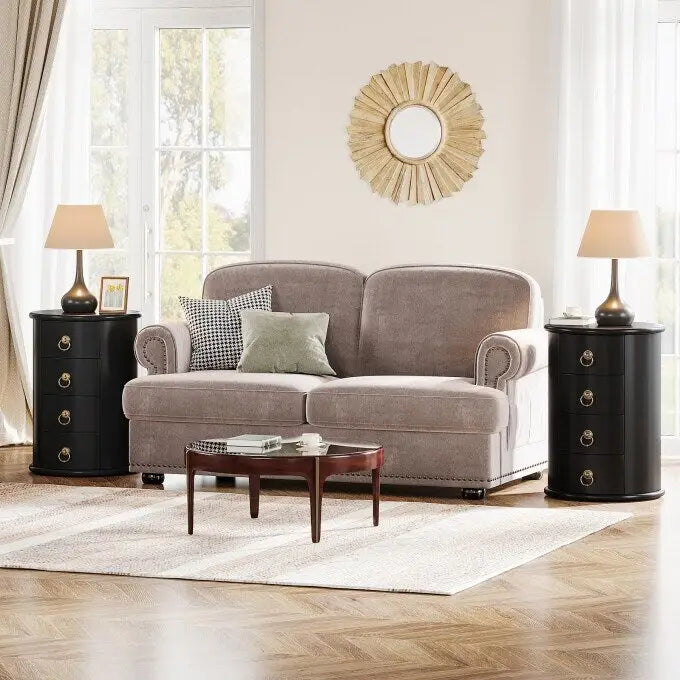 Round Solid Wood End Table with 4 Drawers, No Assembly Required