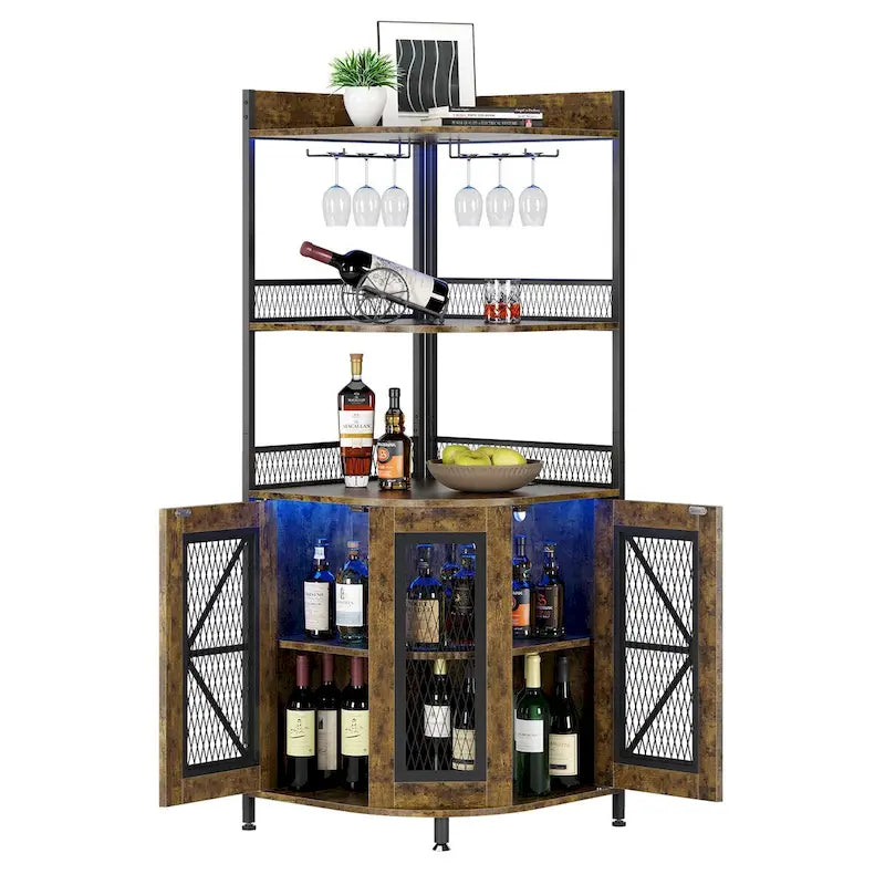 5-Tier Corner Wine Cabinet with LED Light and Glass Holder