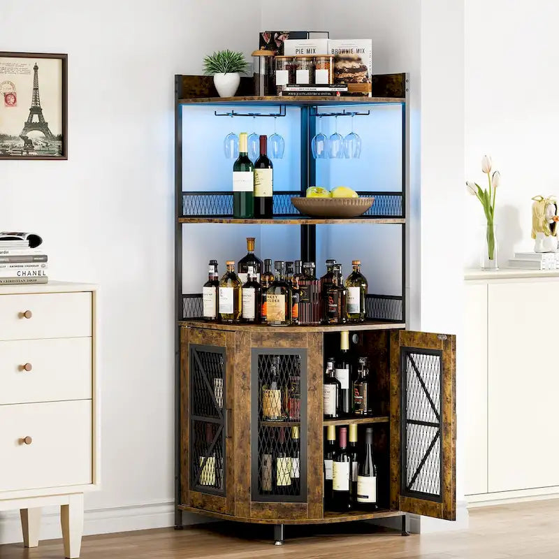 5-Tier Corner Wine Cabinet with LED Light and Glass Holder
