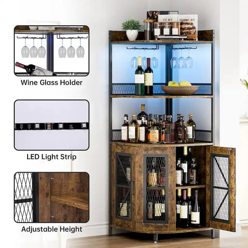 5-Tier Corner Wine Cabinet with LED Light and Glass Holder