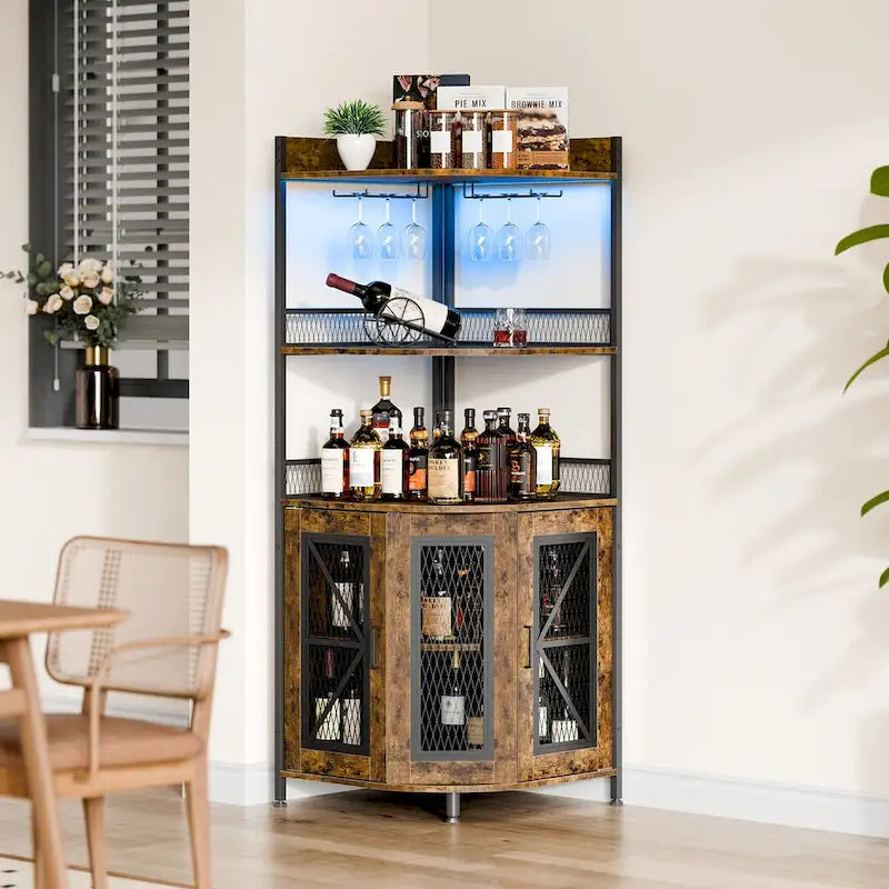 Eck-Weinschrank mit 5 Ebenen, LED-Beleuchtung und Glashalter