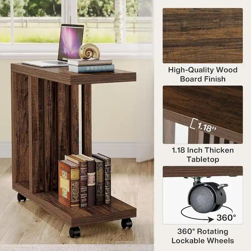 2-Tier C-Shaped End Table, Mobile Side Table for Couch and Bed with Lockable Wheels